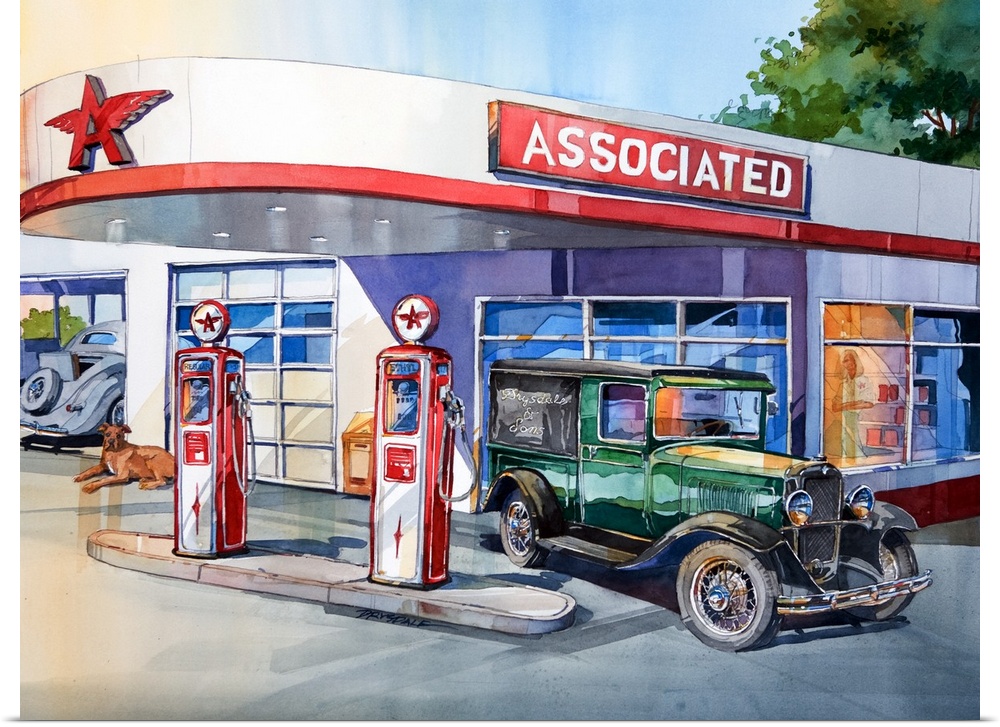 Watercolor painting of a Flying A gas station with a vintage car filling up.
