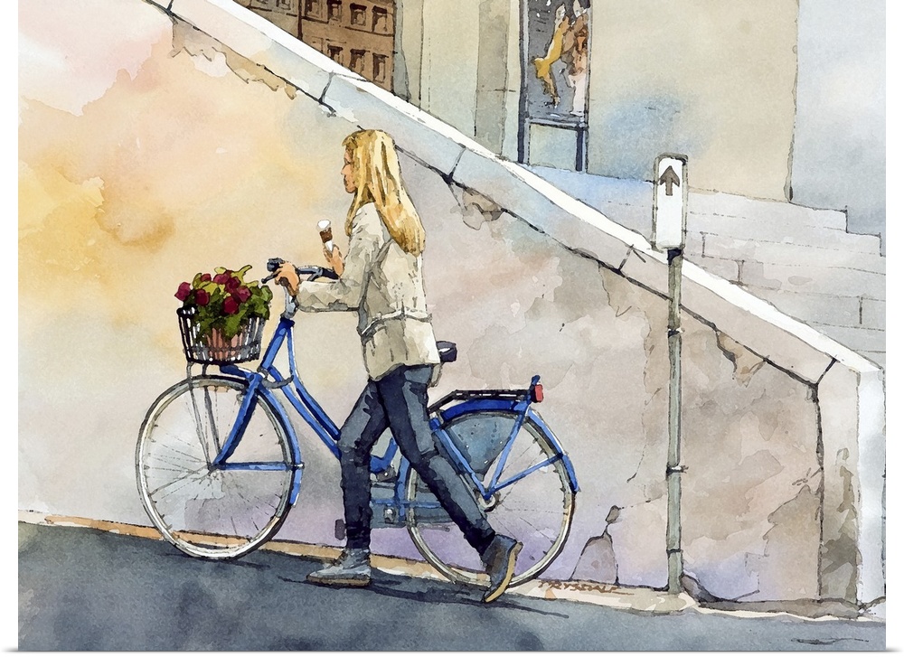 Contemporary watercolor painting of a girl pushing her bicycle with a basket of flowers on it down the road in Lucca, Italy.