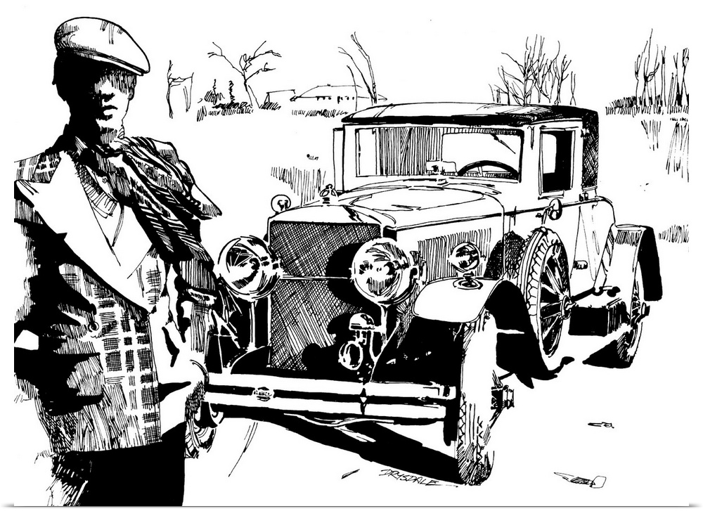 Black and white illustration of a vintage car with a driver in the foreground.