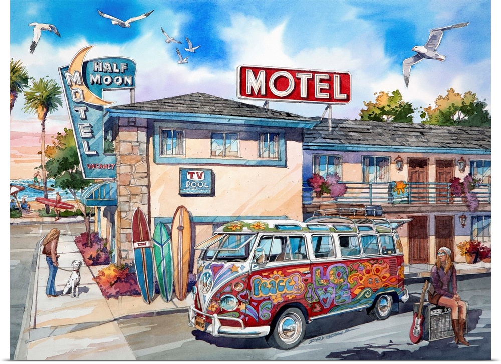 Contemporary watercolor painting of a hippy VW Bus parked outside of the Half Moon Motel.