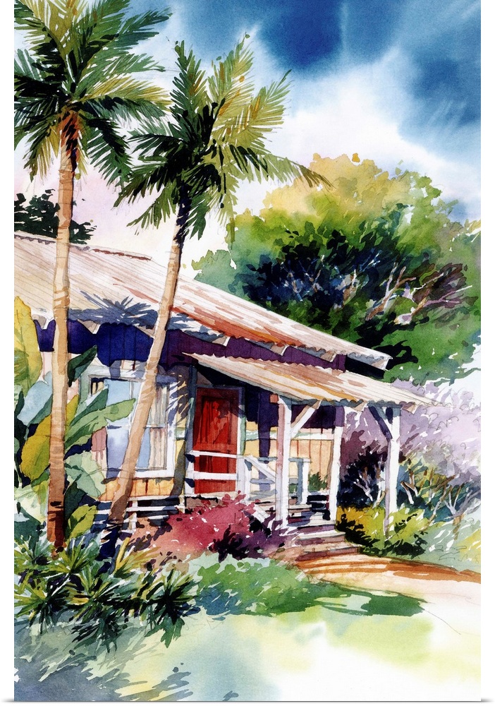 Contempoarry watercolor painting of a house in Hana, Maui, Hawaii