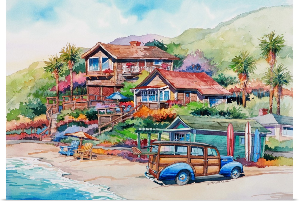 Watercolor of a woodie on the beach in Crystal Cove, Newport Beach, CA.