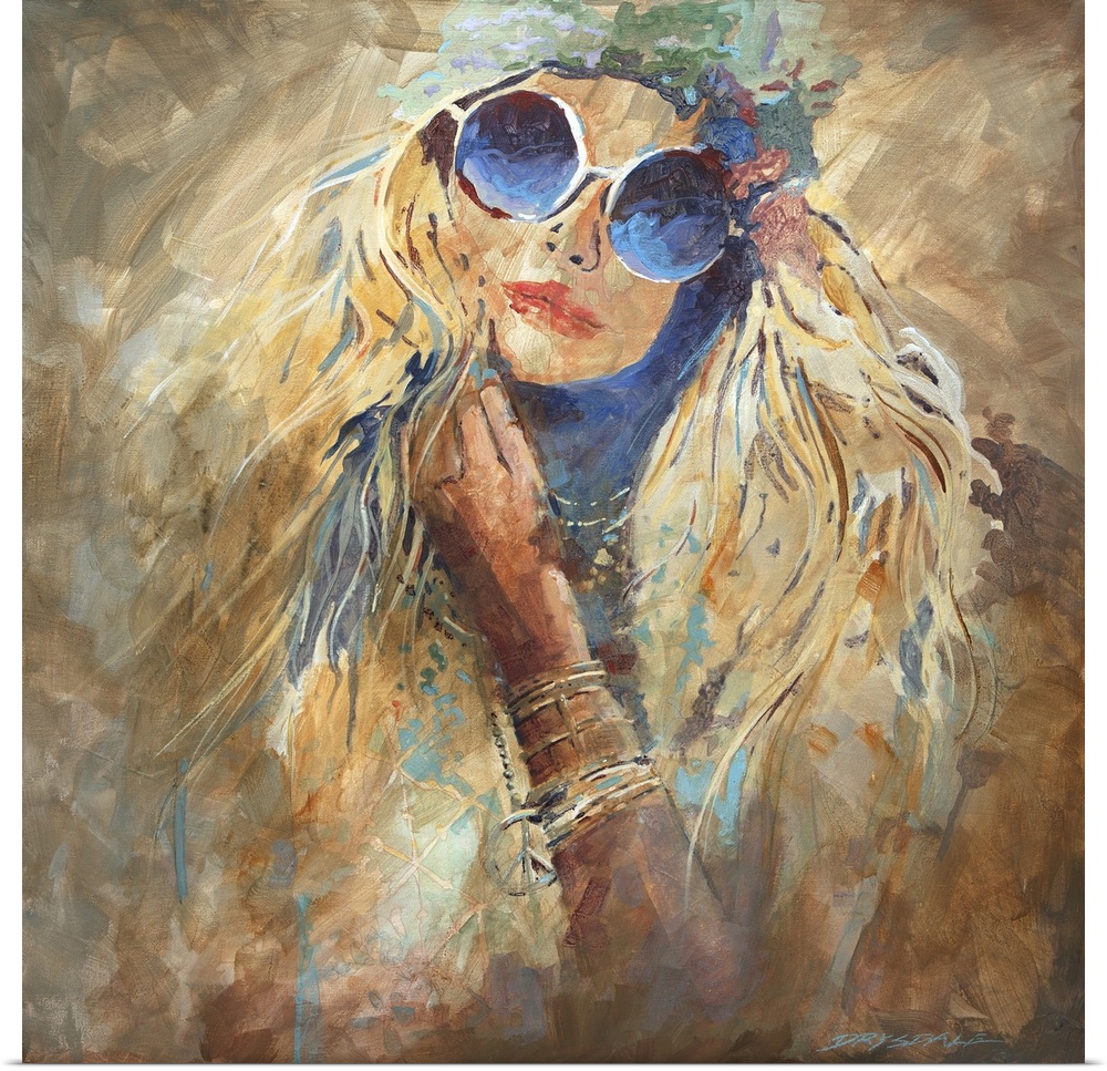 Contemporary painting of a woman in a hat and sunglasses with long blonde hair.
