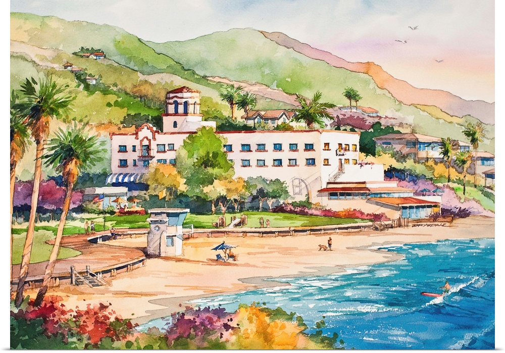 Landscape watercolor painting of Laguna Main Beach, CA.