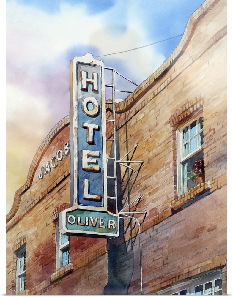 Painting of the Hotel Oliver located at a historic train depot in Santa Rosa, CA