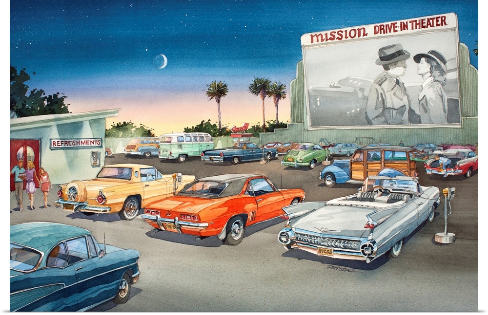 Watercolor of the Mission Drive-In movie theater.
