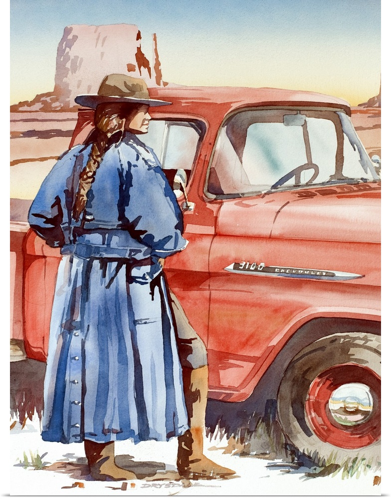 Watercolor painting of a woman wearing a blue trench coat and a cowboy hat standing in front of a red 59 Chevy Truck in Mo...