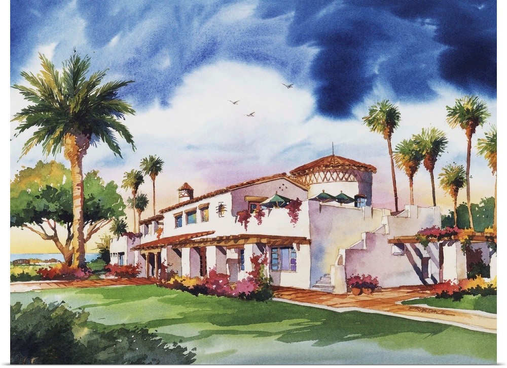 Watercolor of Ole Hanson Beach Club in San Clemente, California.