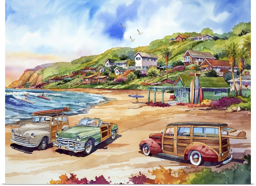 Watercolor of three woodies on the beach in Crystal Cove, Newport Beach.