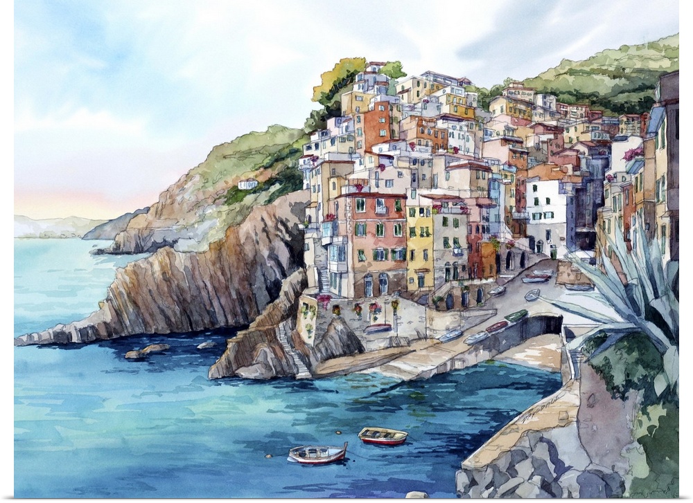 Landscape watercolor painting of Riomaggiore, Cinque Terre, Italy