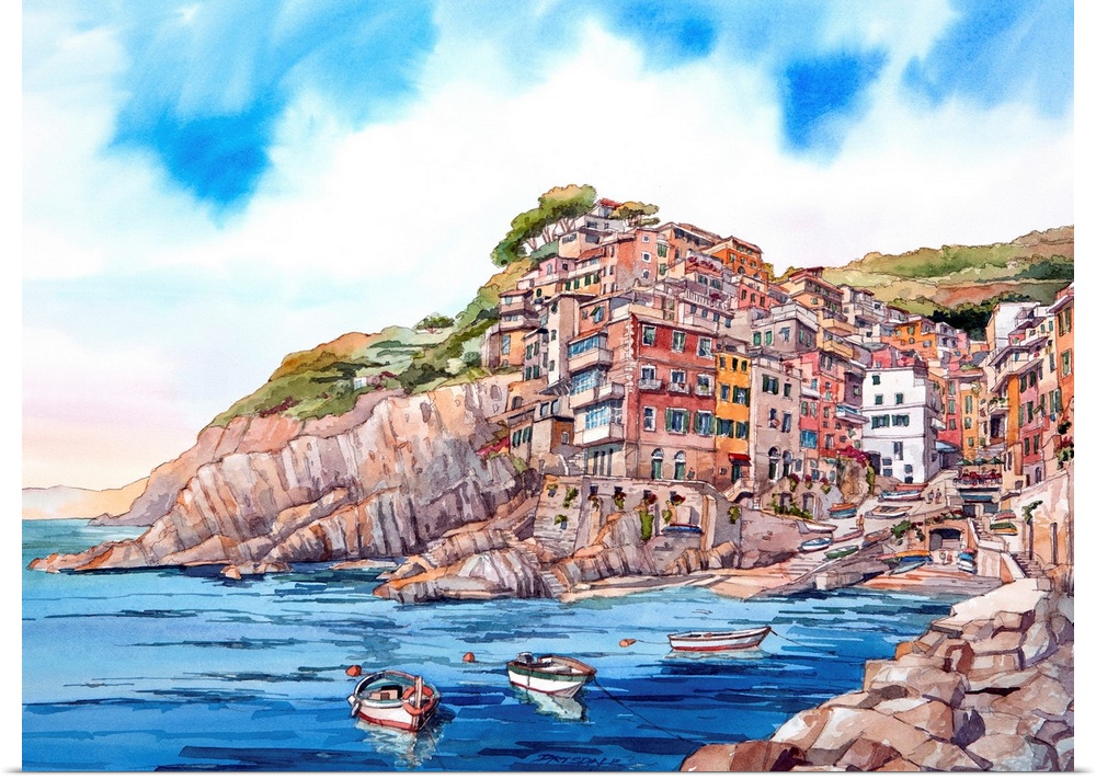 Watercolor painting of the village of Riomaggiore in Cinque Terre, Italy, with boats anchored in the foreground.