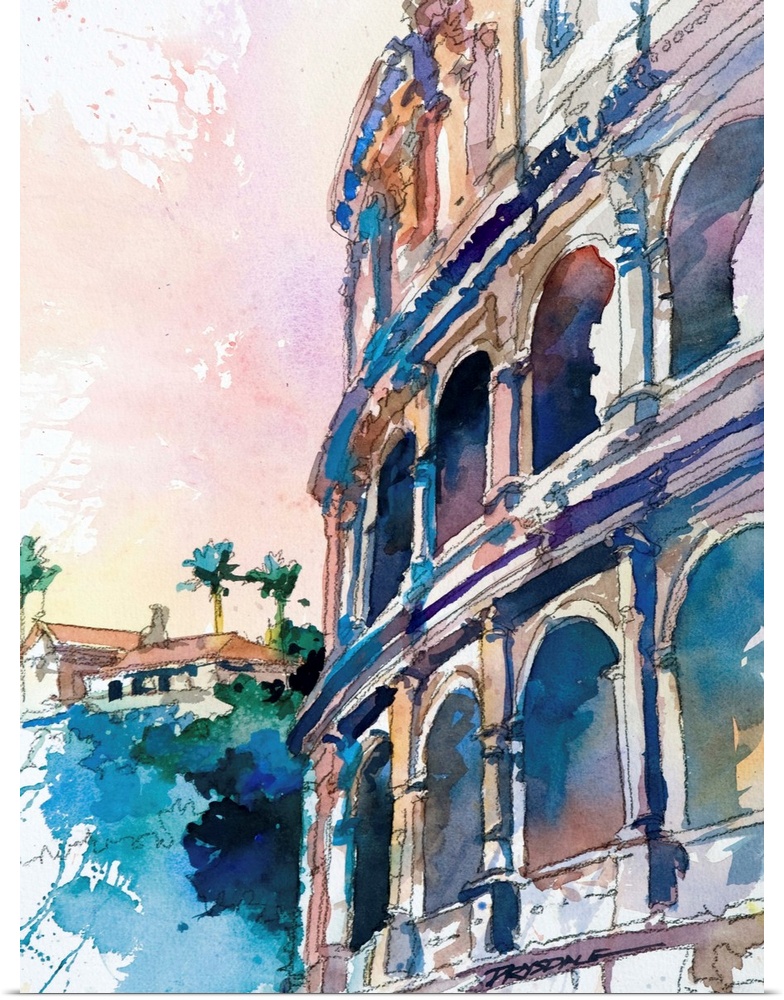 Watercolor painting of the Colosseum in Rome, Italy