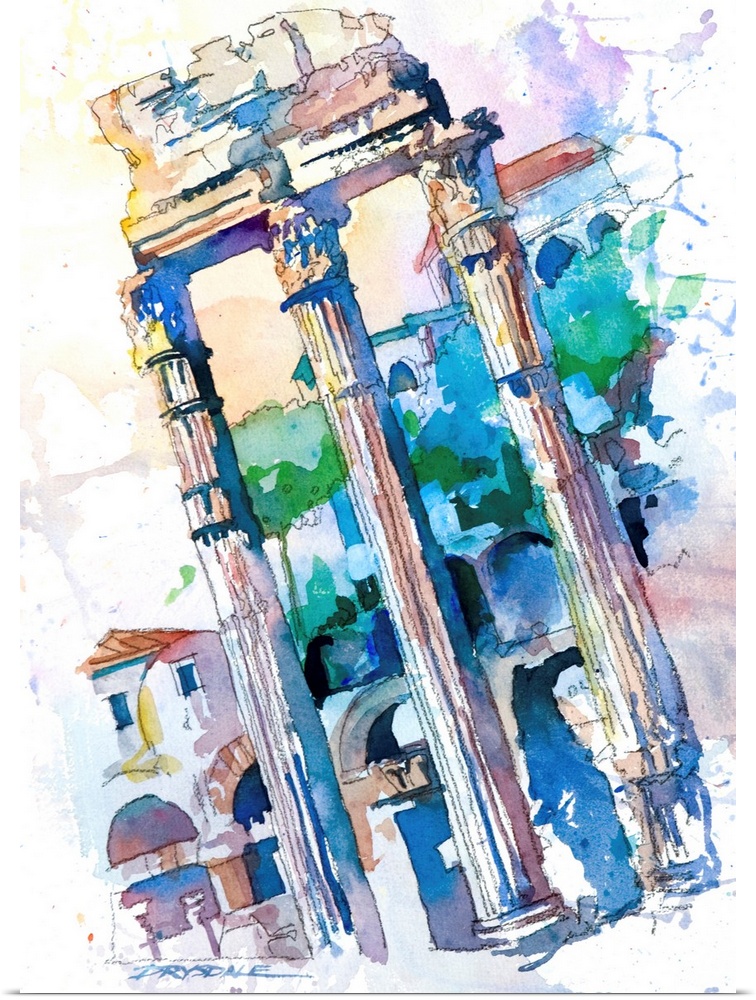Watercolor painting of the columns in Rome, Italy