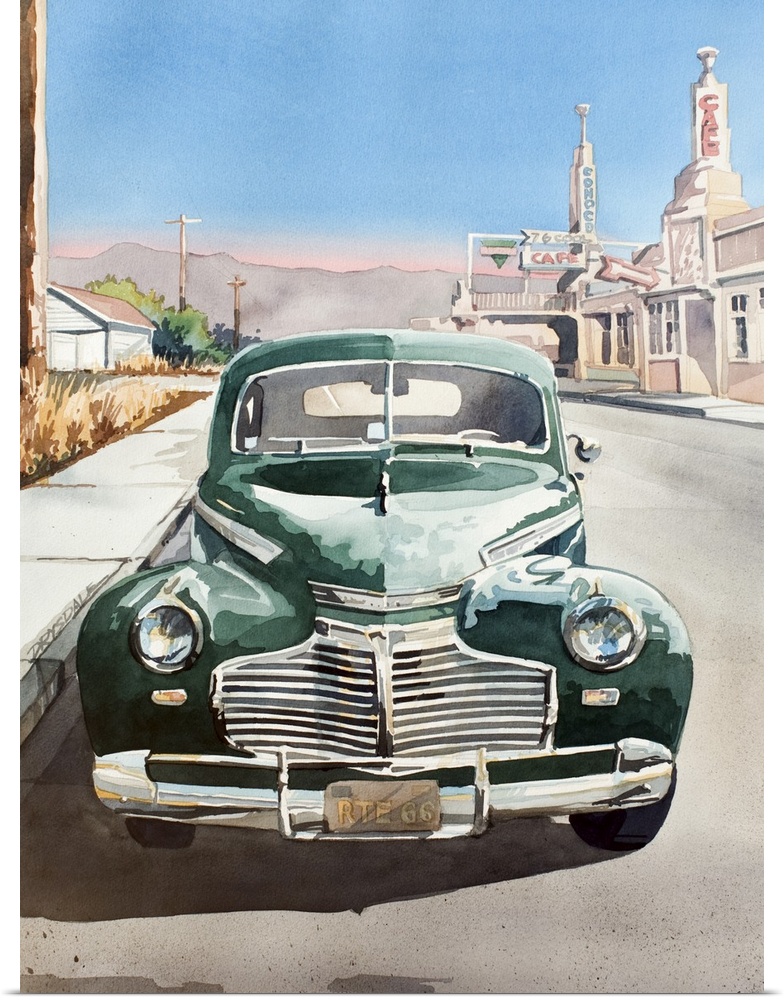 Watercolor painting of a 1941 Chevy on Route 66 in Texas.