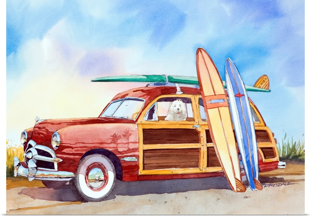 Watercolor of a 1950 Ford surfer woodie wagon.
