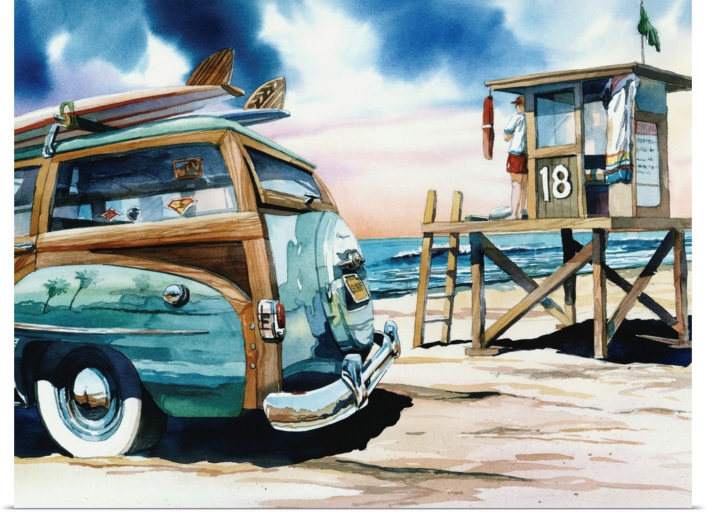 Watercolor of a woodie on the beach in Newport Beach, California.