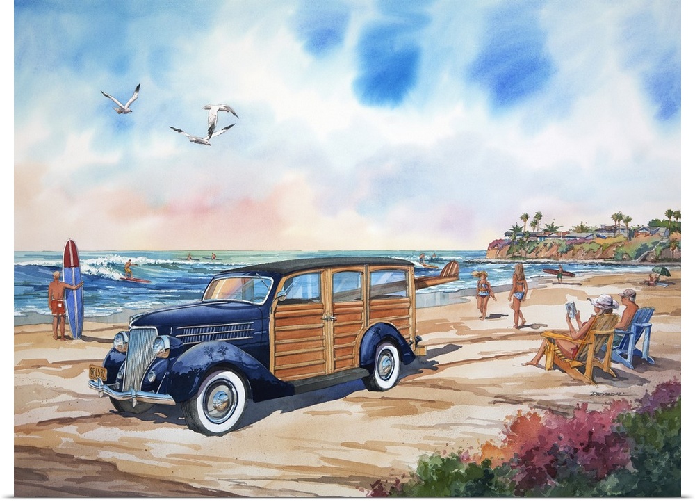 Watercolor painting of a 1936 Ford woodie at Tourmaline Point in San Diego, California.