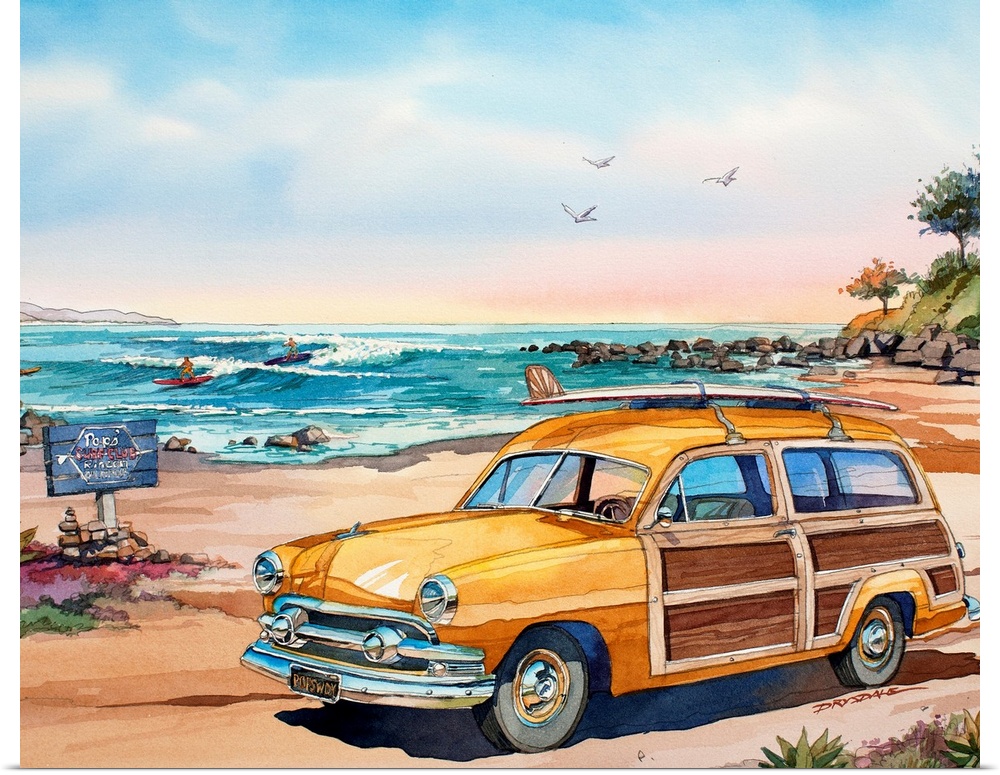 Watercolor of a 1951 Ford woodie surf wagon at the popular surf spot, Rincon, CA