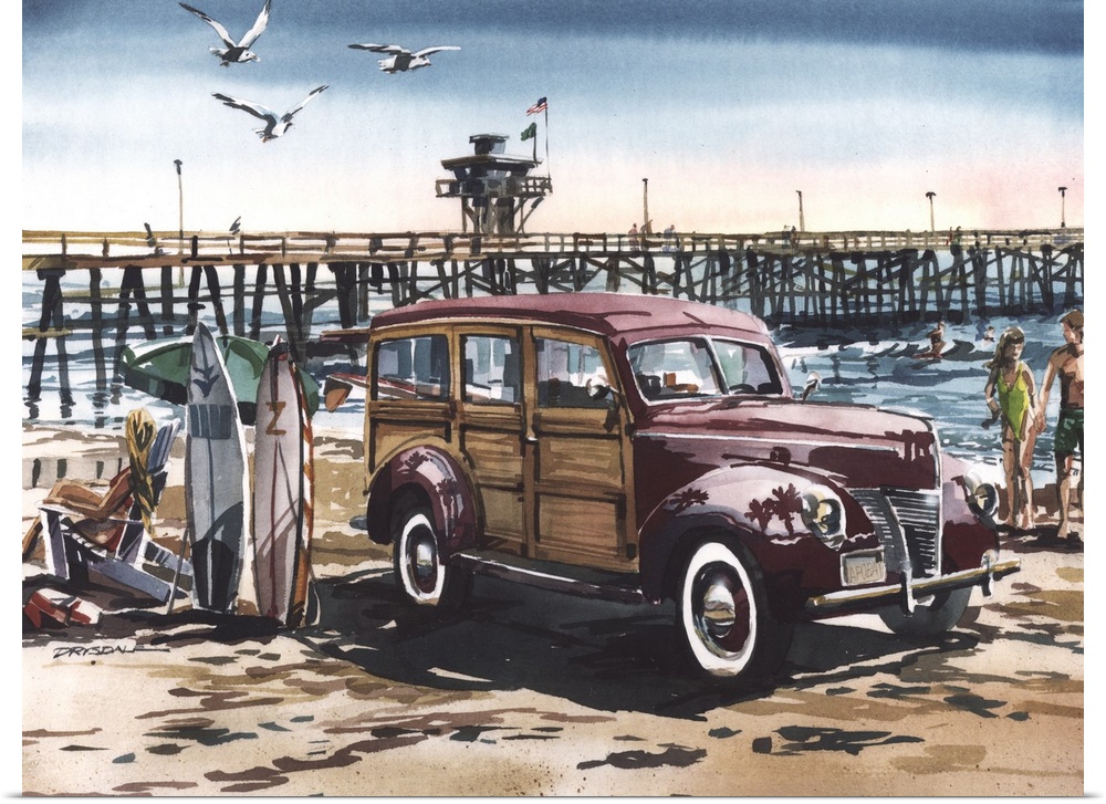 Watercolor painting of a 1940 Ford Woodie at the San Clemente pier.