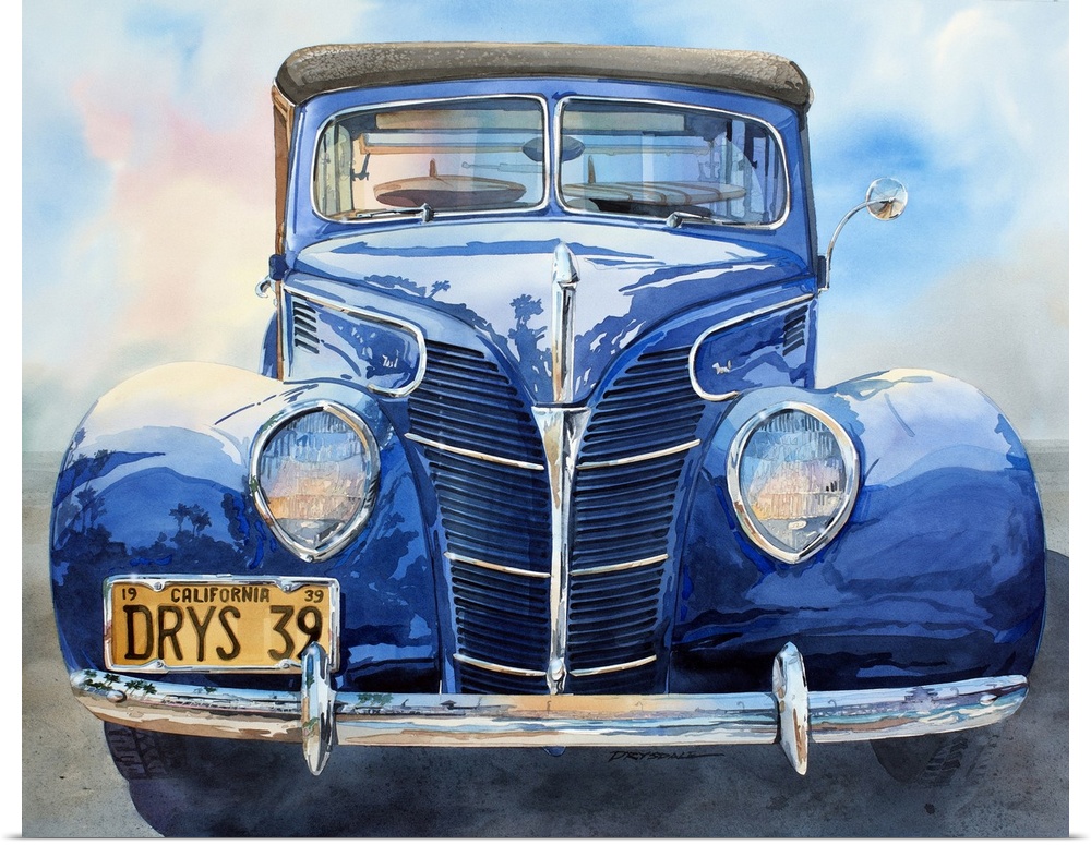 Watercolor of a 1939 Ford woodie wagon.