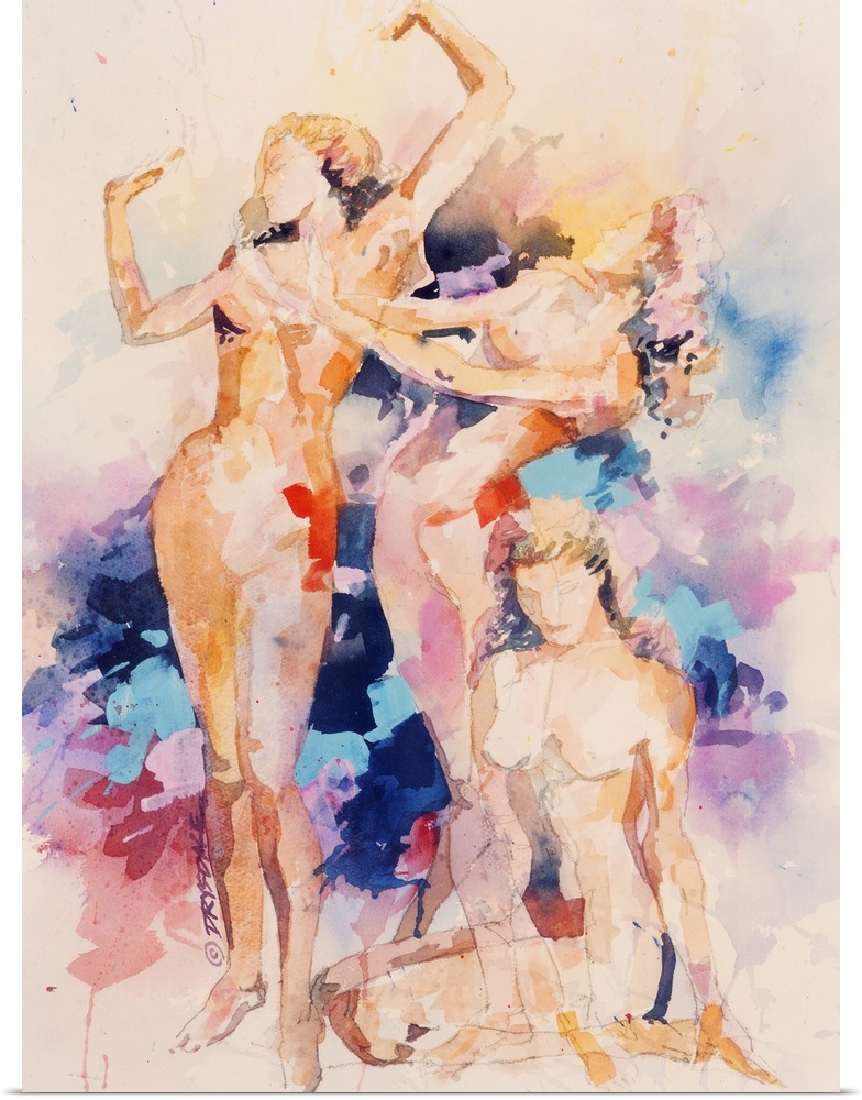Watercolor of figures in motion.