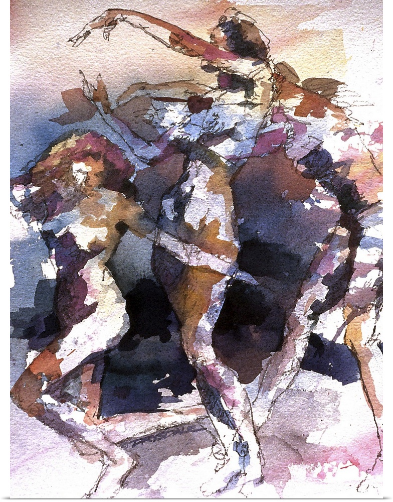 Watercolor painting of a female figure in motion.