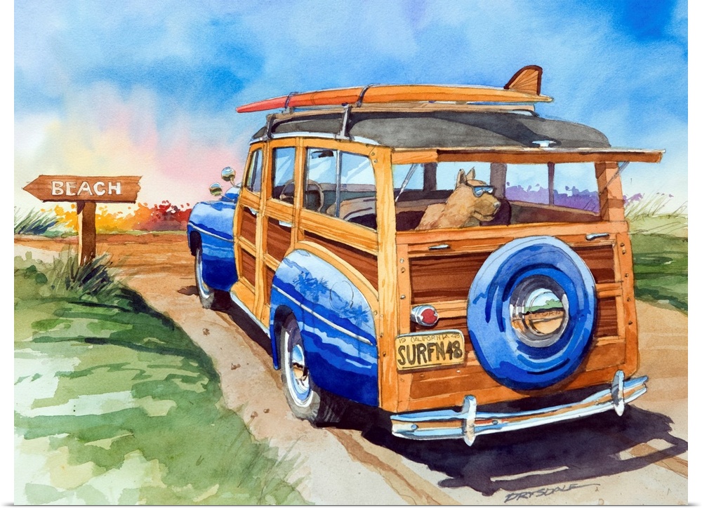 Watercolor of a 1948 Ford Woodie Surfing woodie wagon with a cool Great Dane.