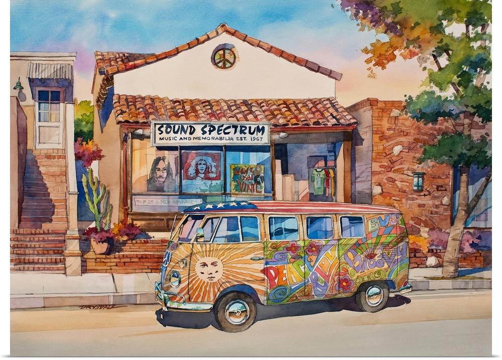 Watercolor of a classic VW hippie van straight out of the 60's.  The scene is the Sound Spectrum in Laguna Beach, CA.  The...