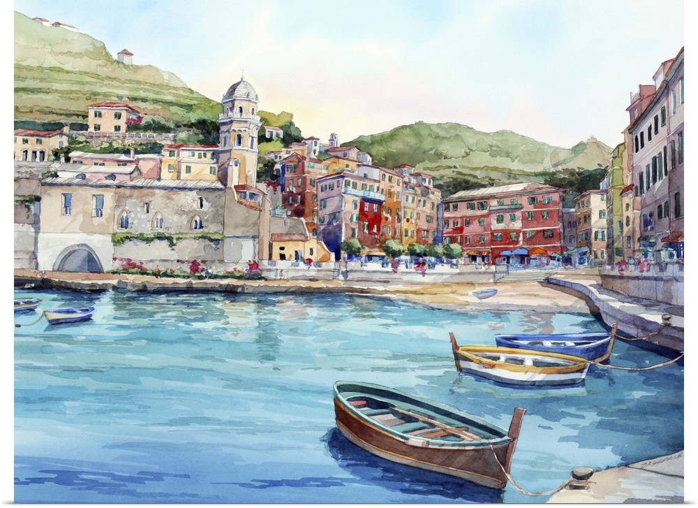 Landscape watercolor painting of Vernazza, Cinque Terre, Italy