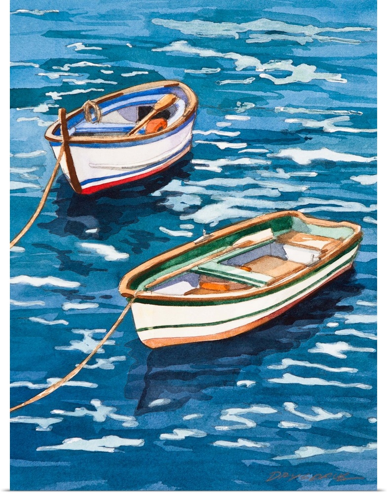Watercolor of two boats in Vernazza, Italy in Cinqueterra.