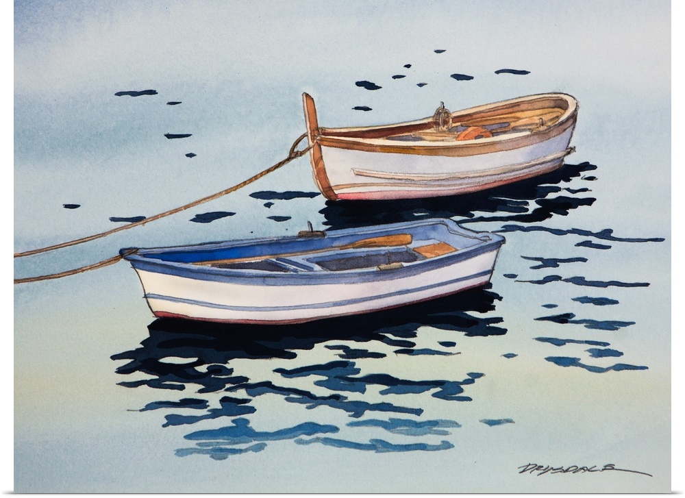 Watercolor painting of charming boats in a canal in Italy.