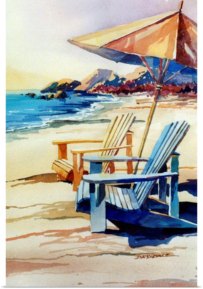 Contemporary watercolor painting of two adirondack chairs and an umbrella on the beach.