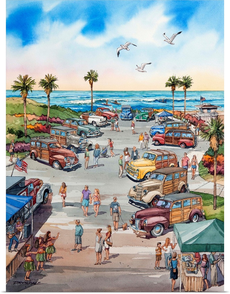 Watercolor painting of a scene at Wavecrest, the largest woodie show in the world held on Moonlight Beach in Encinitas, CA.