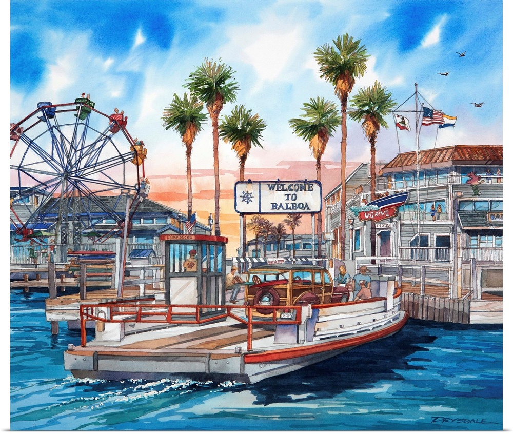 Watercolor of the Balboa ferry in Newport Beach California, getting ready to dock at the fun zone.