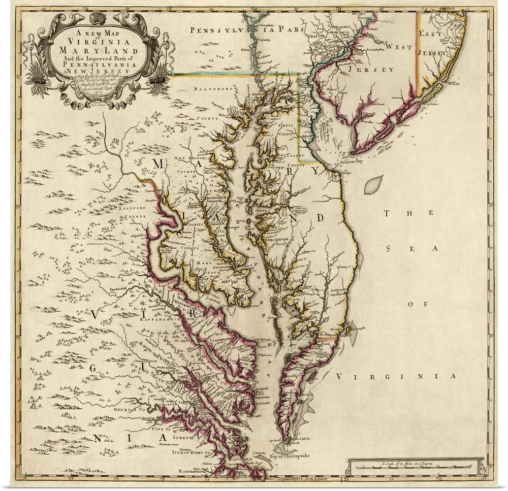 A vintage map highlighting the state of Maryland with other states shown surrounding it.