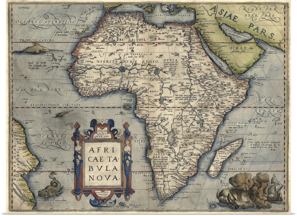 This large piece is a vintage map of Africa from the 16th century.