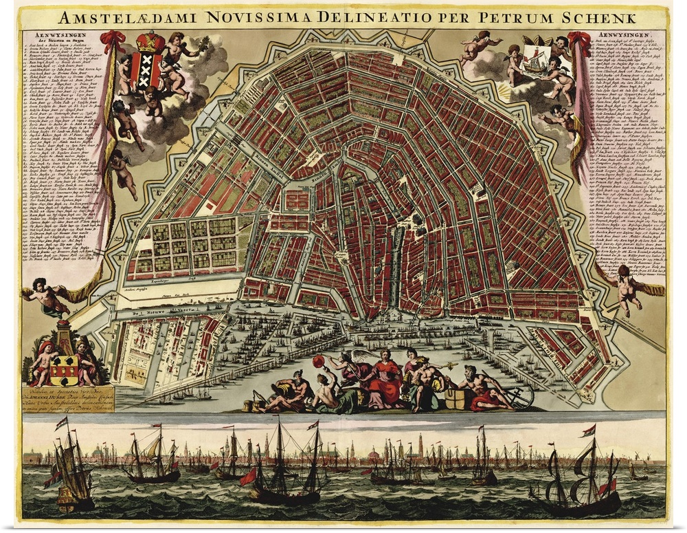 Includes index to points of interest, and an inset drawing at bottom showing a view of the city with ships.