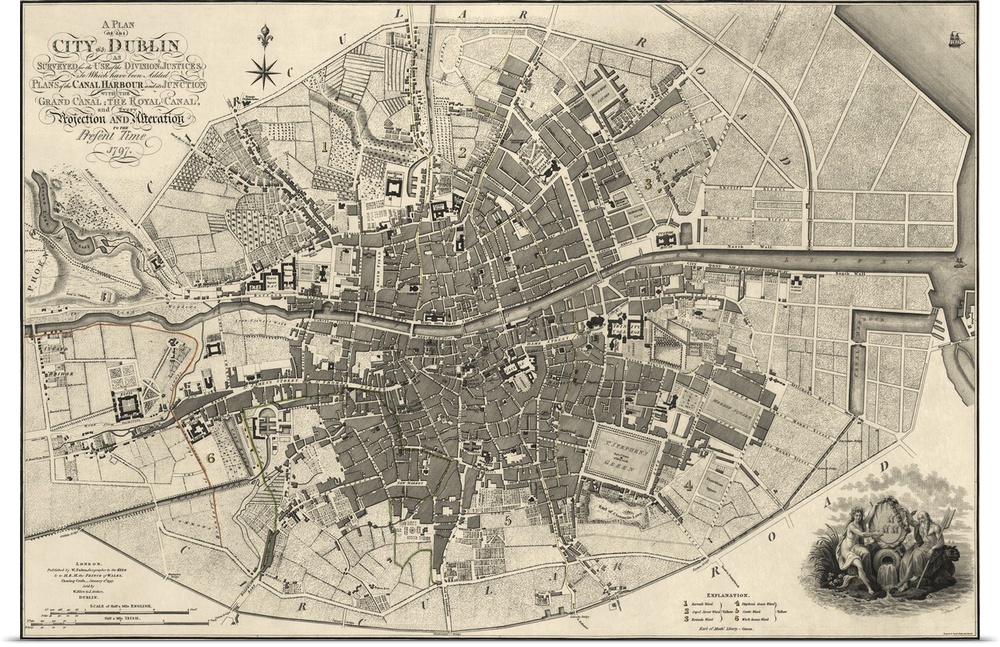 A vintage map of the city of Dublin as surveyed for the use of the divisional justices to which have been added plans of t...