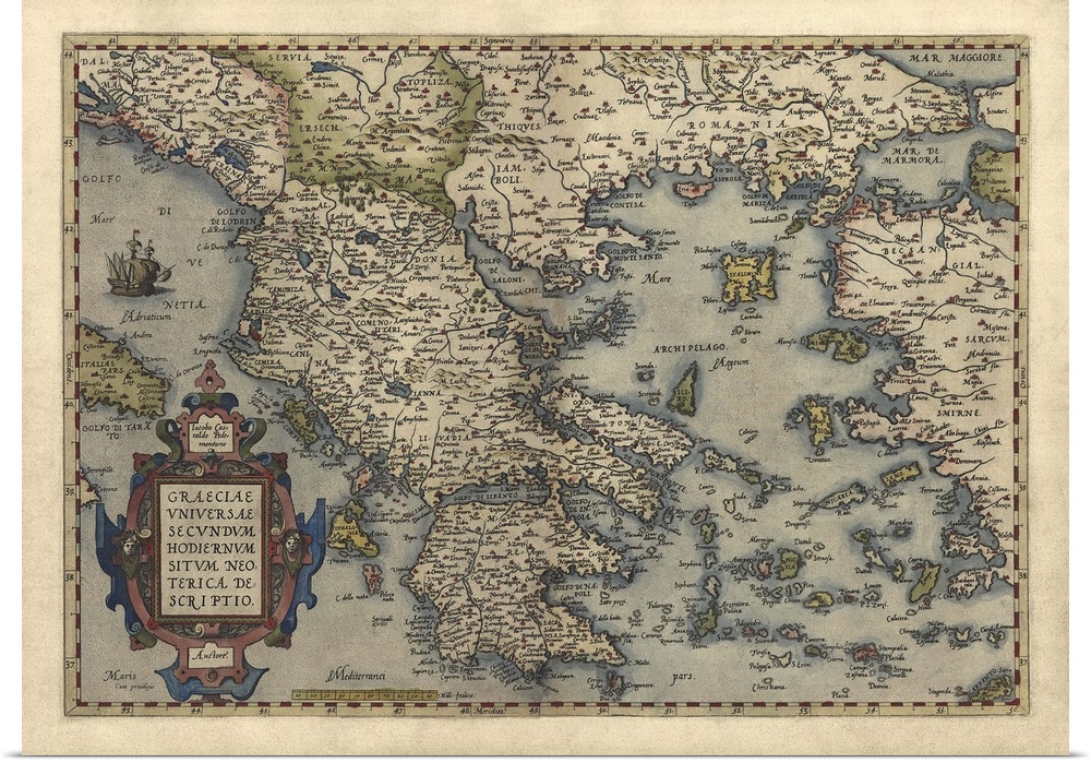 This large piece is an antique map dated back to 1570 of the country Greece.