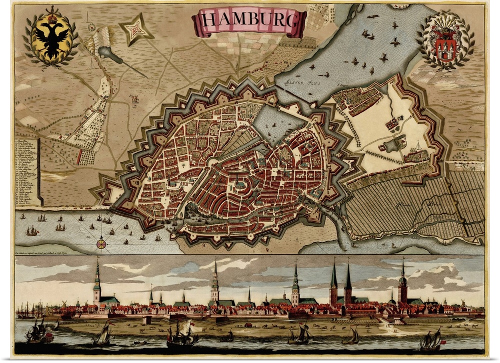 Includes inset drawing at bottom showing view of the city.