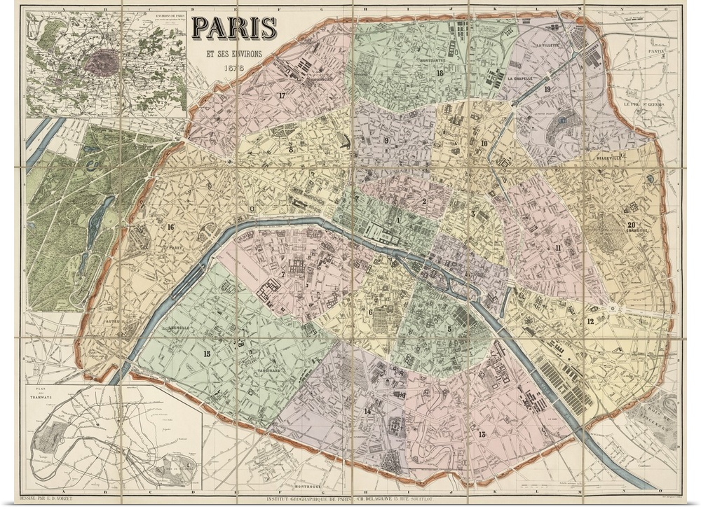 Antique map of central Paris with the Seine River running through the middle and the different districts highlighted in di...