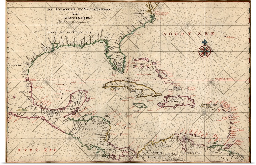 Navigational chart that shows the coasts of North America and South America from Virginia through the Yucatan Peninsula in...
