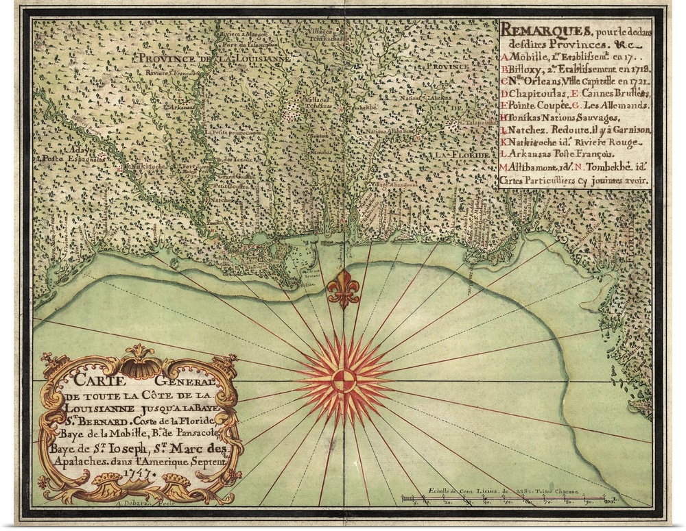 Carte General de Toute la Cte de la Louisianne Jusqu'a la Baye St. Bernard, Coste de la Floride, Baye de la Mobille, Be. d...