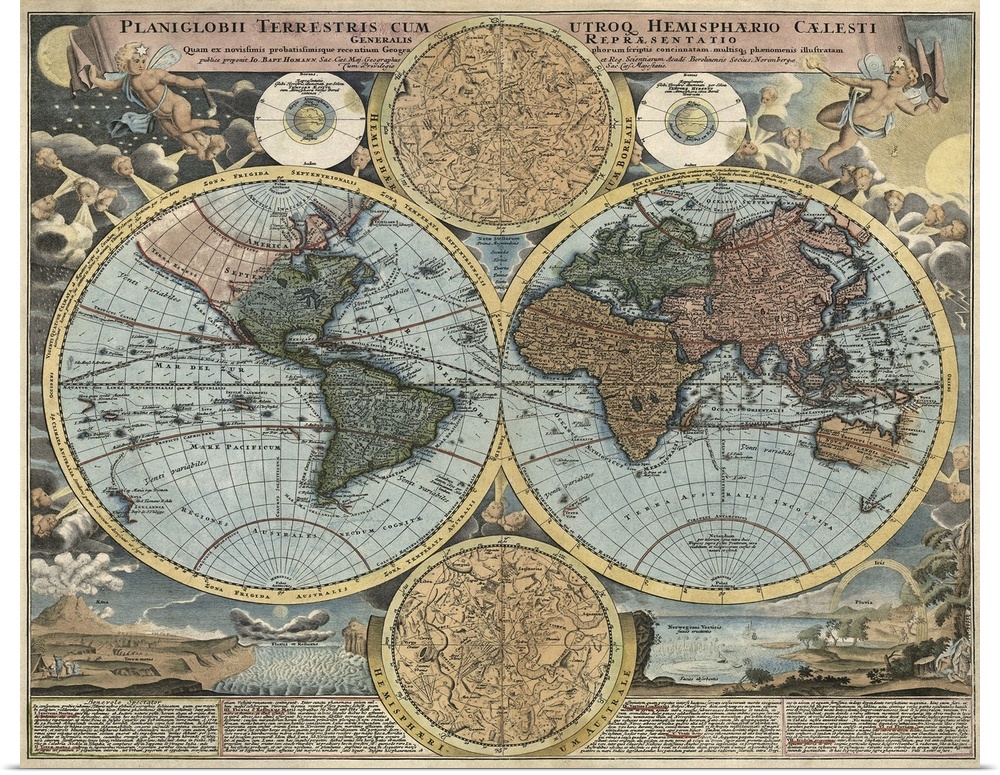Shows routes of Magellan and other explorers. Includes inset drawings showing the north and south celestial spheres, the p...