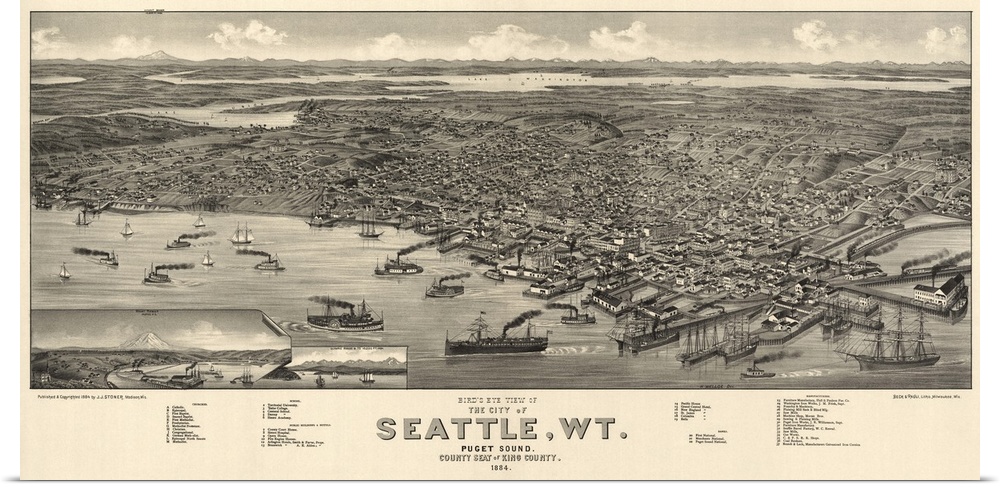 Bird's Eye View of the City of Seattle, W.T., Puget Sound, County Seat of King County 1884