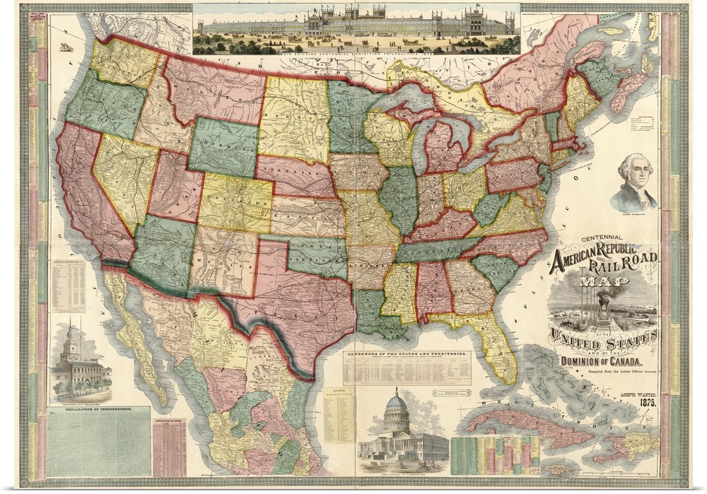 Watson's railroad map of the United States detailing names of all the towns with railroad stops. Includes numerous charts ...