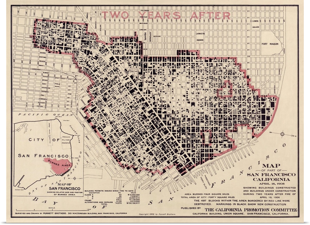 Shows downtown San Francisco indicating the area that was destroyed after the earthquake and fire of 1906, and new constru...