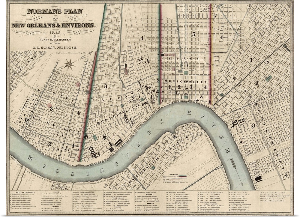 Big, horizontal vintage wall hanging of Norman's Plan of New Orleans and Environs from 1845.  A grid layout of the city al...