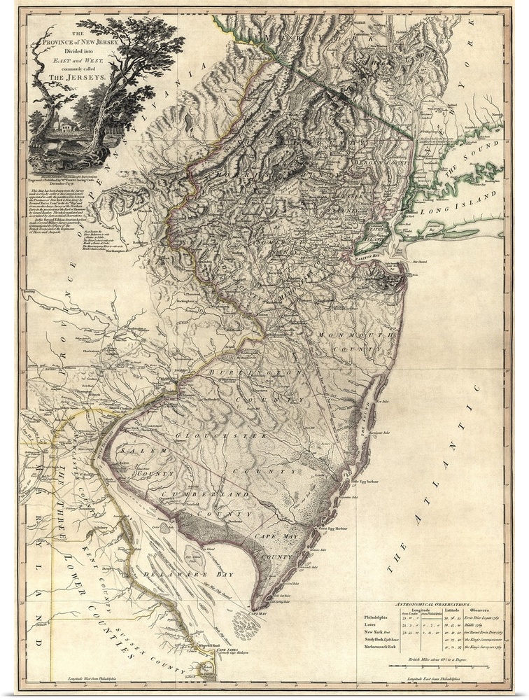 Vertical, large antique, detailed map of New Jersey, divided into East and West.