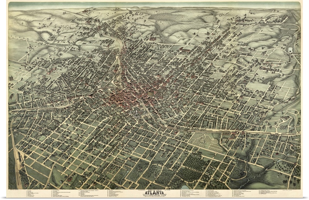This vintage map shows historic Atlanta streets and buildings; a legend at the bottom visible on larger sizes includes inf...